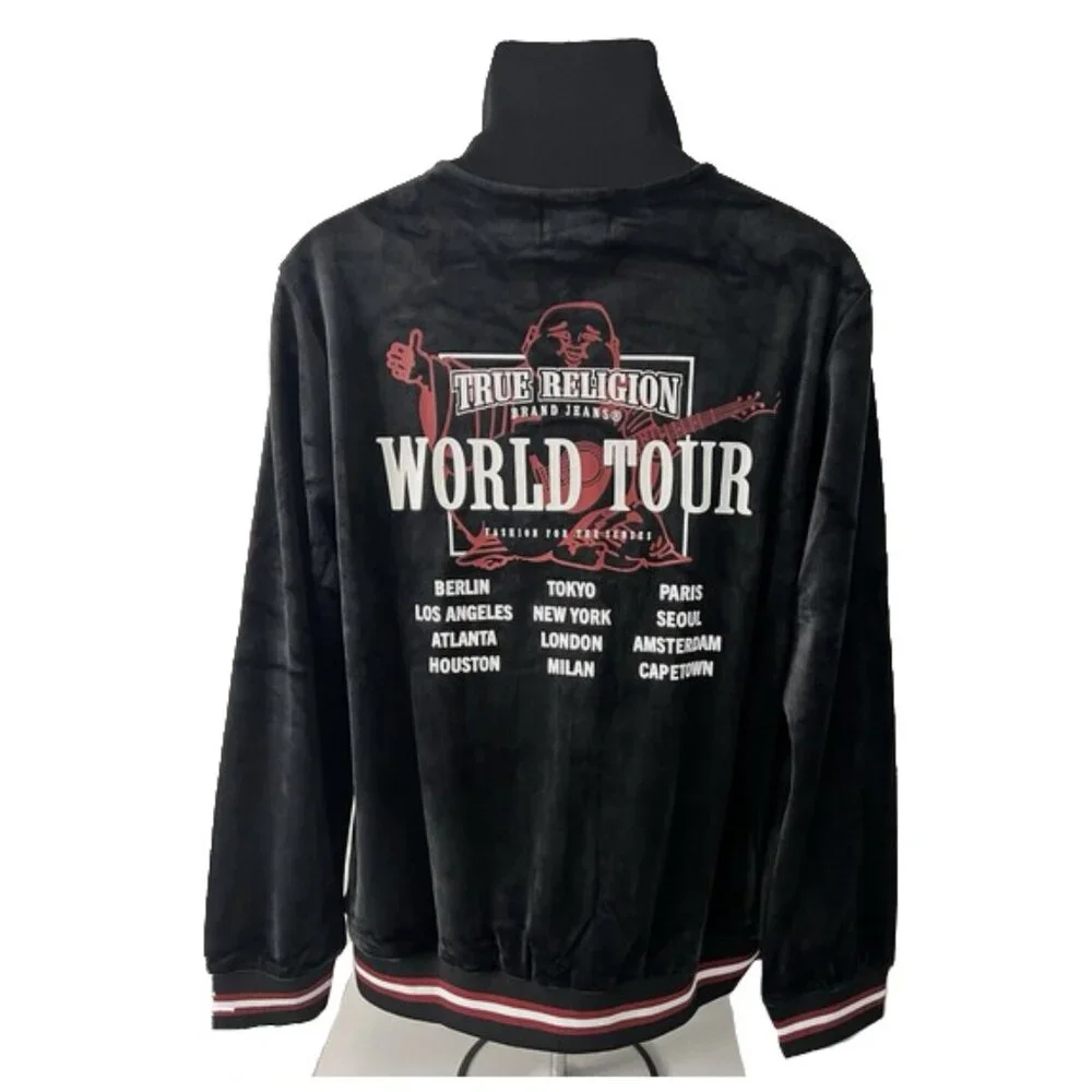 NEW $139 True Religion Velour World Tour Logo Track Jacket! L Black Big Buddha